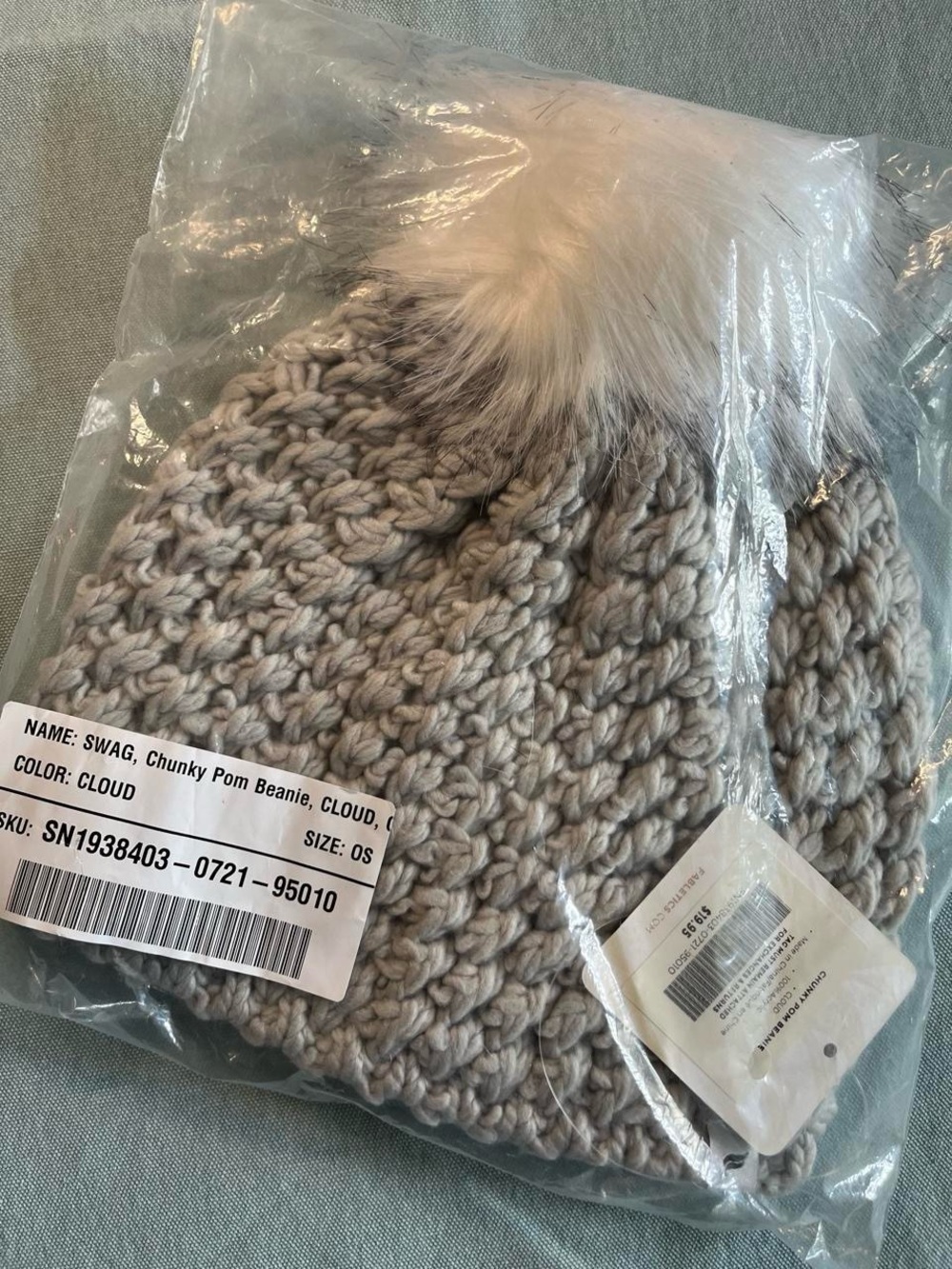 Fabletics Chunky Pom Beanie in Cloud Gray with White Pom